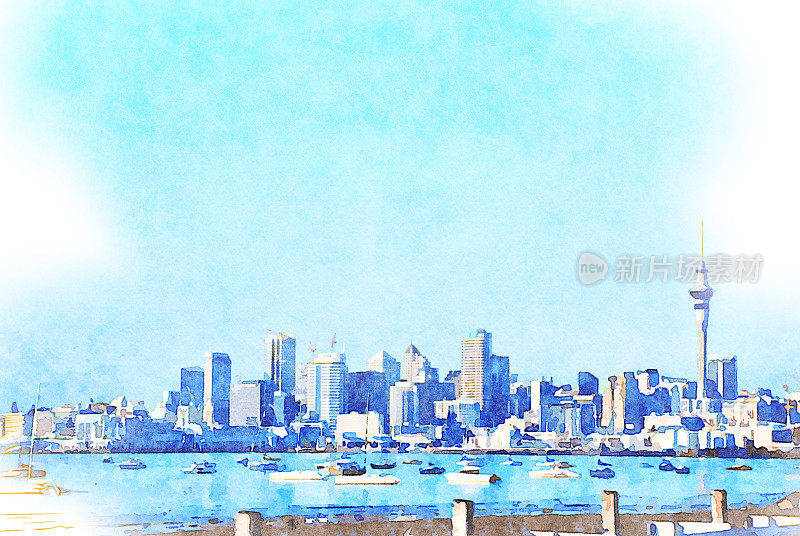 新西兰奥克兰城市天际线水彩画/ Aotearoa
